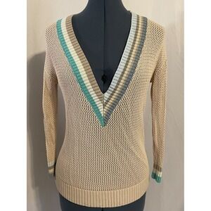 Anthropologie Kerisma Beige V Neck Oversized Tennis Varsity Sweater‎ Preppy M